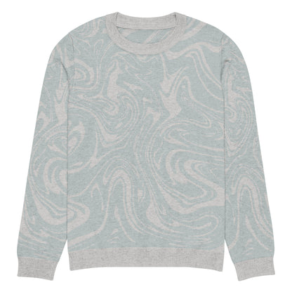 Tropical Seas Clothing Tidal Drift Knit Crew men’s coastal-inspired autumn sweater, front view, size M, soft blue and grey