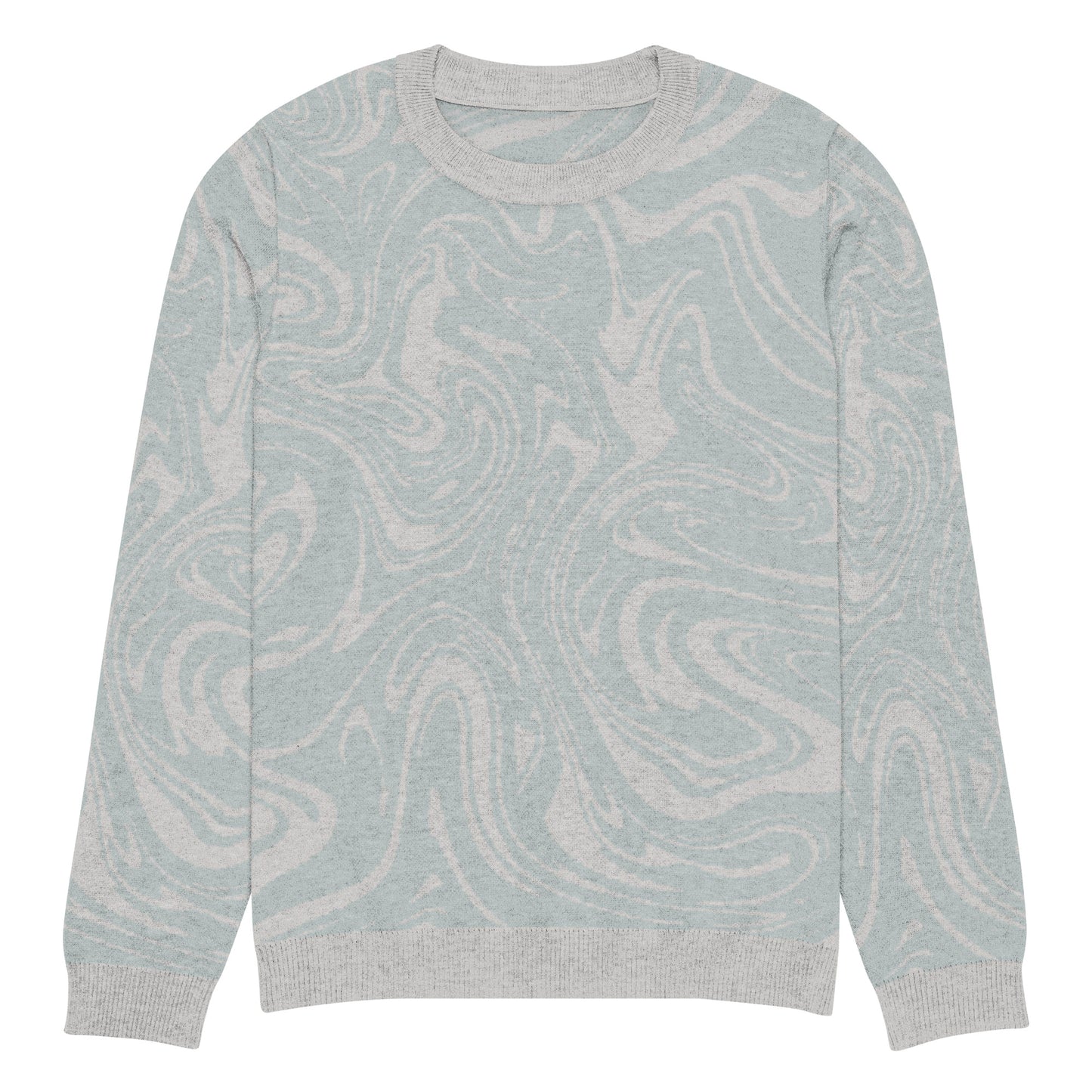 Tropical Seas Clothing Tidal Drift Knit Crew men’s coastal-inspired autumn sweater, front view, size S, soft blue and grey