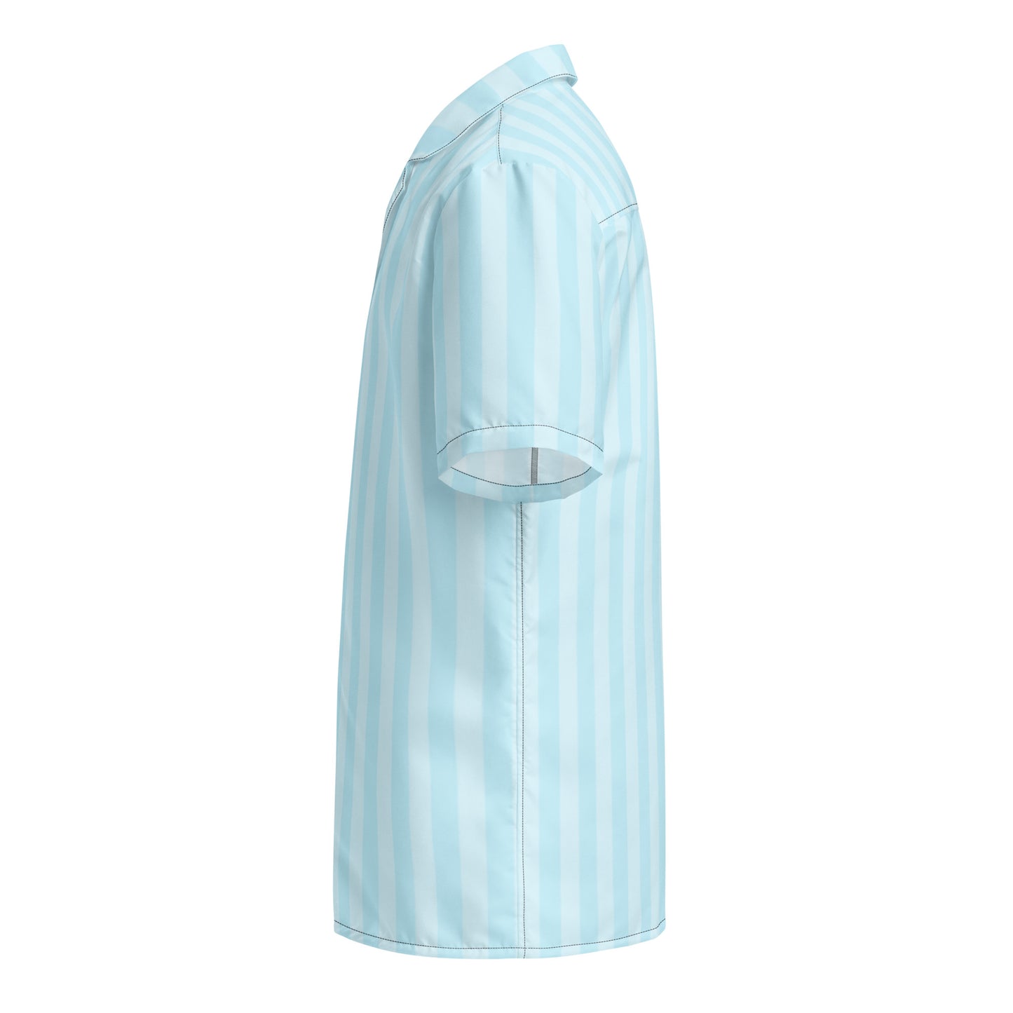 Side view of Tropical Seas Clothing Bahama Breeze Hawaiian button-down shirt in light blue, showcasing relaxed fit and vertical stripe design – ideal for beachwear and casual summer style.