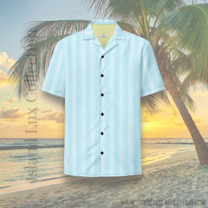 Tropical Seas Clothing Bahama Breeze Hawaiian shirt in light blue displayed hanging – Stylish tropical wear for men.