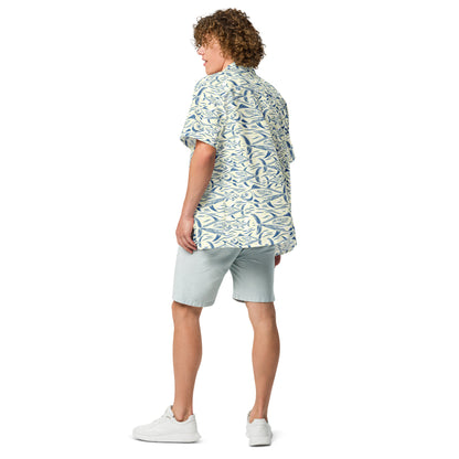 Back view of a male model wearing the Bonito Island Hawaiian button-down shirt by Tropical Seas Clothing, showcasing an ocean-inspired print perfect for beachwear and casual outings.