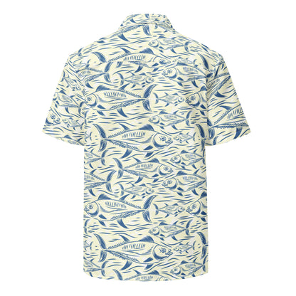 Back view of Tropical Seas Clothing Bonito Island Hawaiian button-down shirt with ocean-themed pattern, offering a breezy and comfortable style.