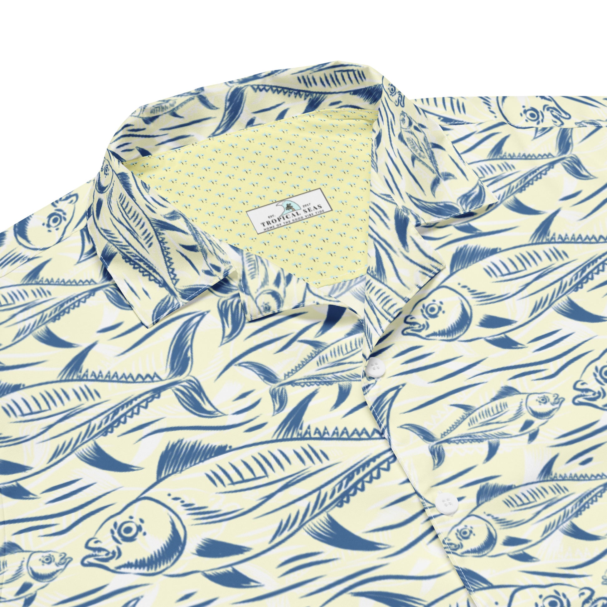 Close-up of the collar and button detail on the Bonito Island Hawaiian button-down shirt, featuring a quality finish for a polished tropical look.