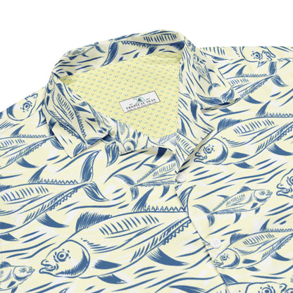 Close-up of the collar and button detail on the Bonito Island Hawaiian button-down shirt, featuring a quality finish for a polished tropical look.