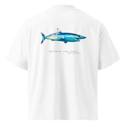 Back view of the Mako Shark T-shirt showing the shark and the Outrun the Tide wordmark