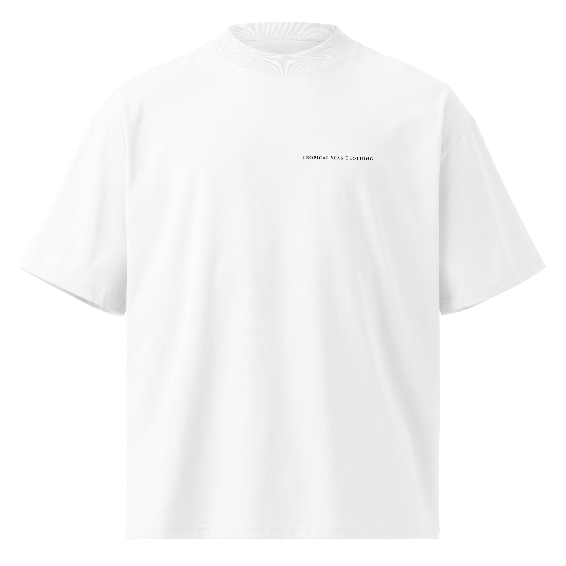 Front view of the oversized organic Mako Shark T-shirt with left-chest Tropical Seas Clothing wordmark