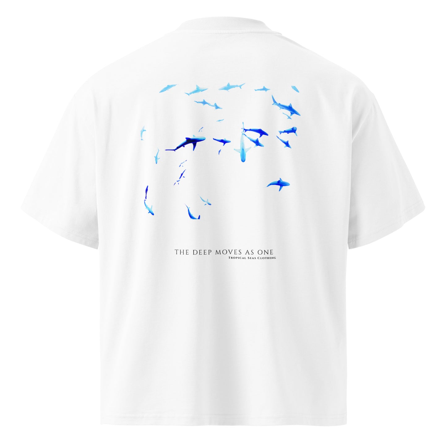 Back view of the School of Sharks T-shirt showing dozens of sharks scattered in monochrome blue and The Deep Moves As One wordmark