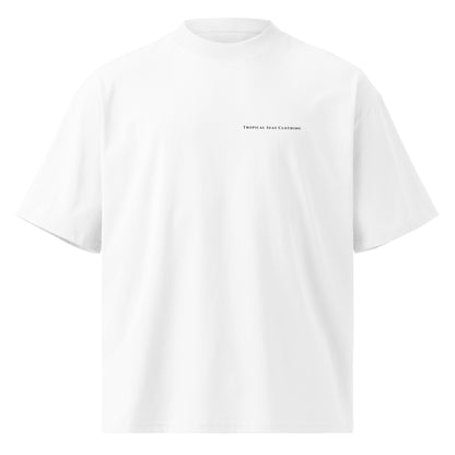 Front view of the oversized organic Great White Shark T-shirt with left-chest Tropical Seas Clothing wordmark