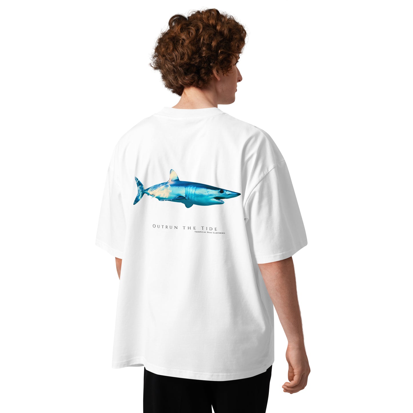 Model wearing the oversized Mako Shark T-shirt with real color-graded shark photography on the back